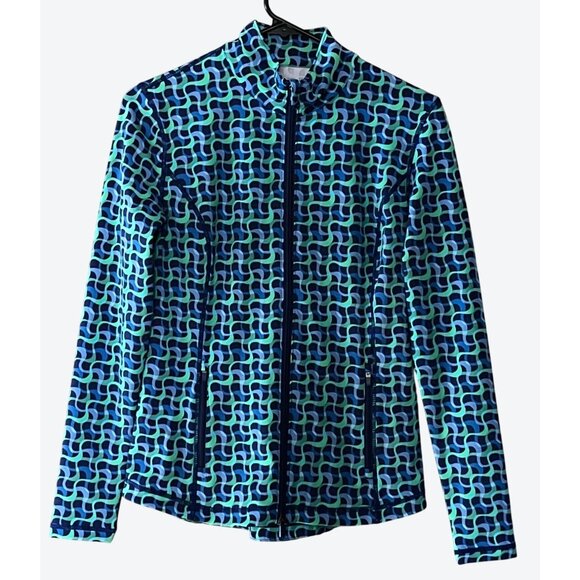 J. Mclaughlin Women's Small Long Sleeve Full Zip Blue Green Geometric Golf Top - Picture 2 of 6
